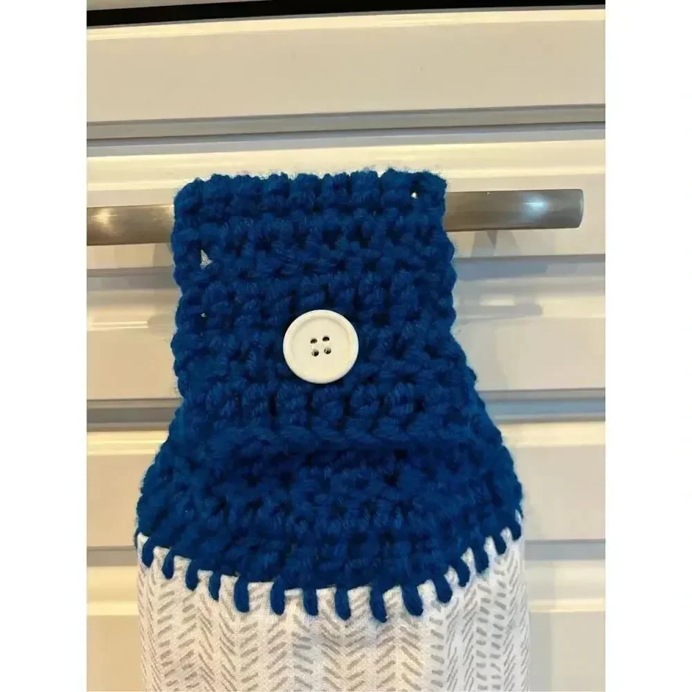 Crochet Top Kitchen Towel- This home runs on love 1 blue topper 1 gray topper